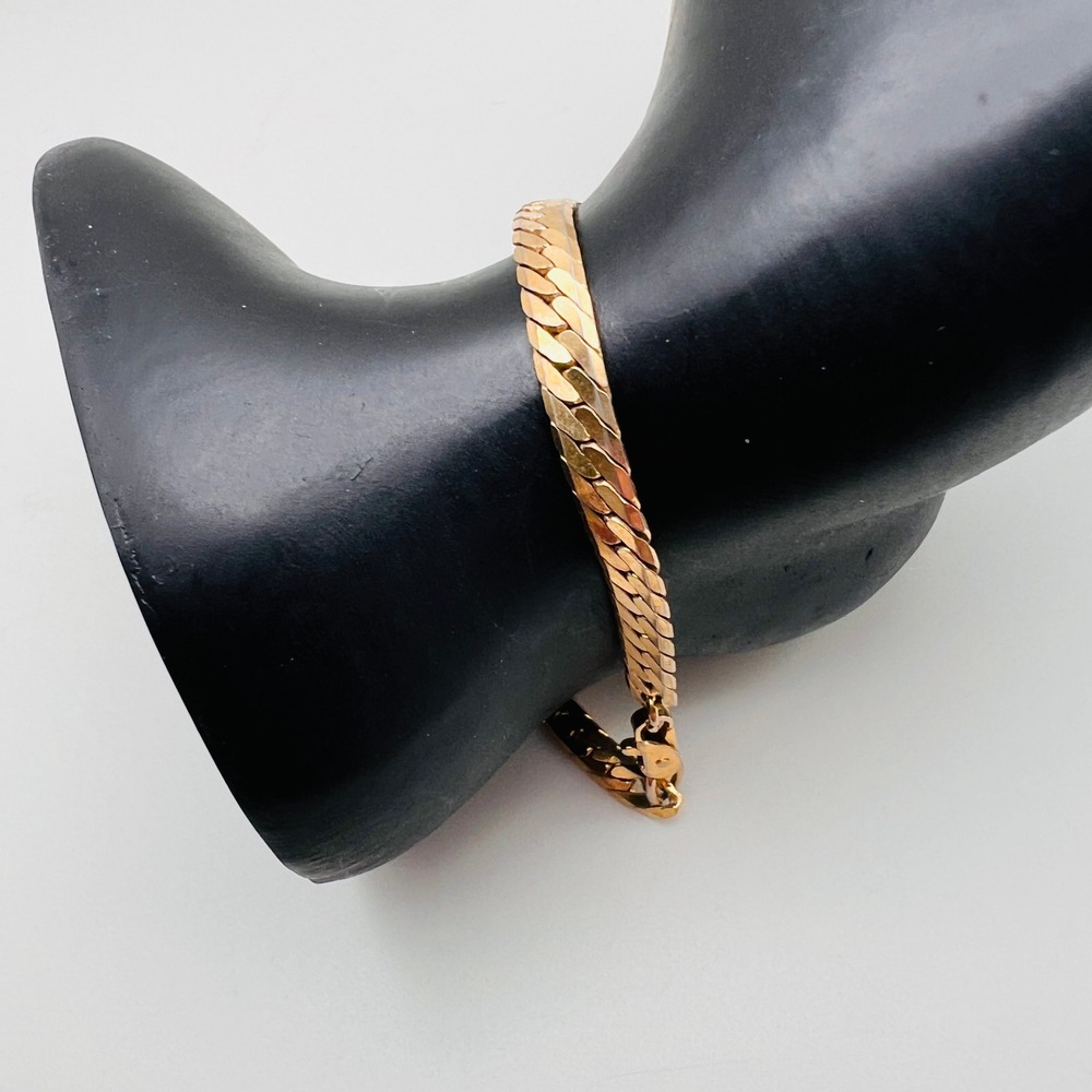 Flat Herringbone Chain Bracelet 7 Inch Lobster Claw Clasp Gold Tone Womens